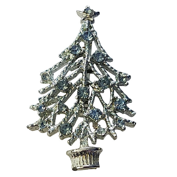Vtg Mid Century Silver Tone Blue Rhinestone Christmas Tree Pin Brooch - Picture 1 of 3